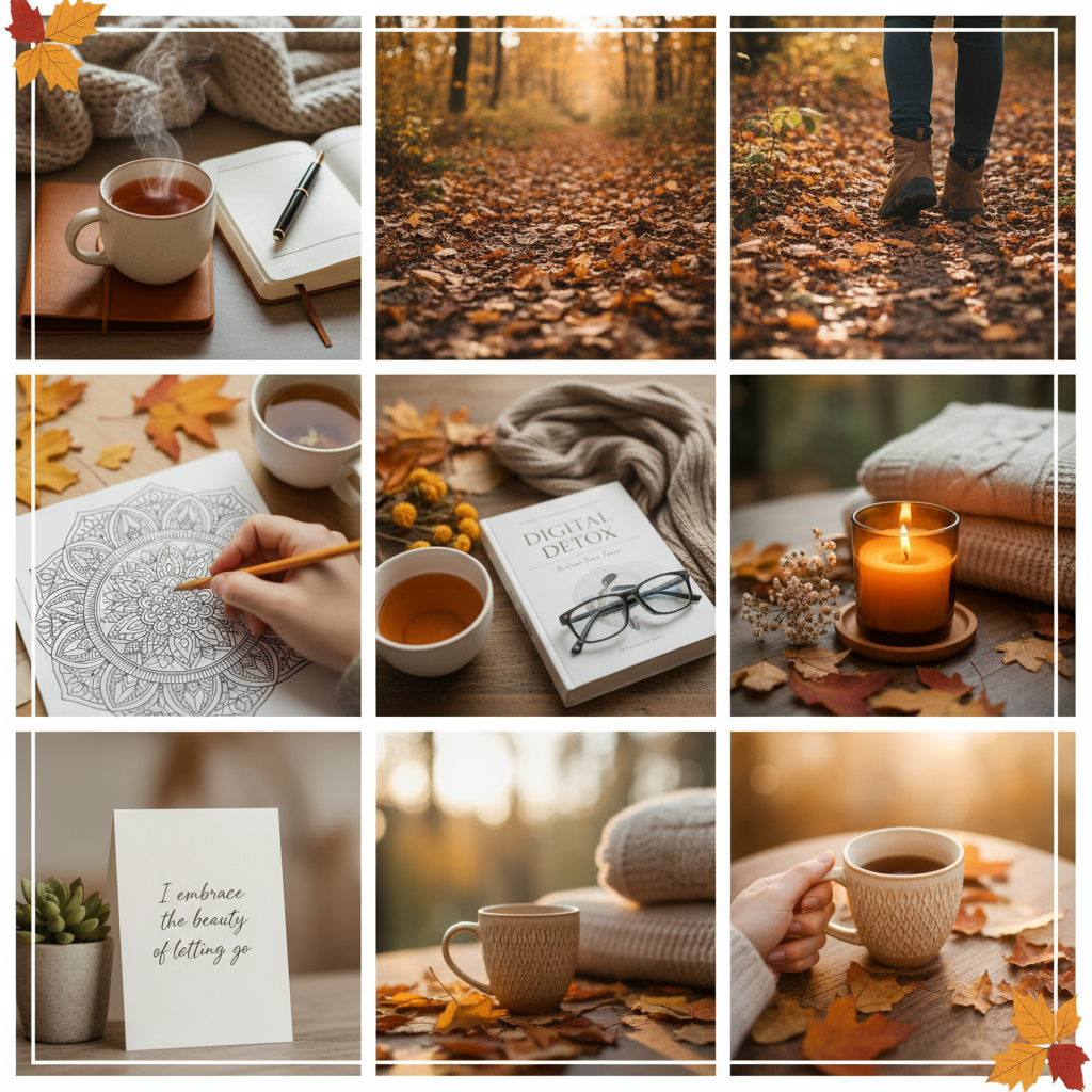 “Autumn moodboard collage with cozy morning tea, open journal, forest walk with fall leaves, mandala coloring page, and candlelight”