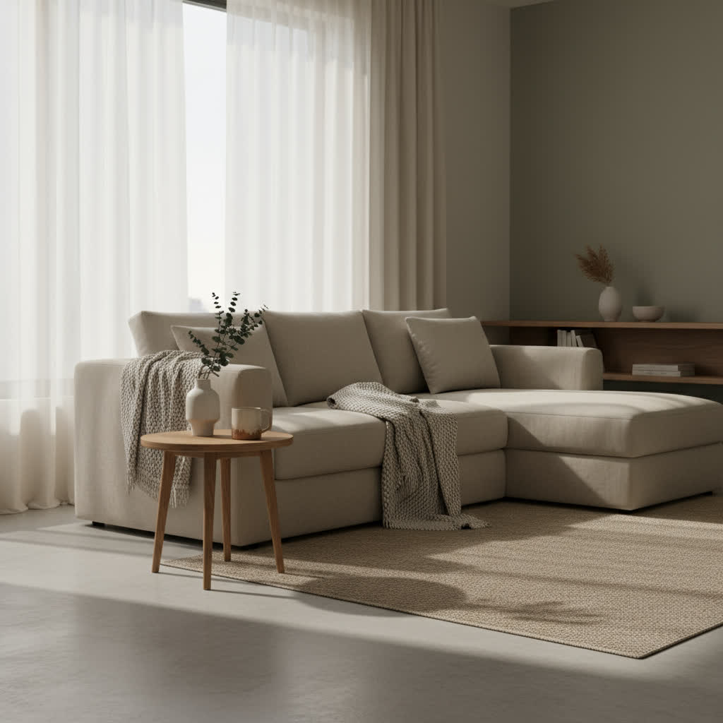 “A sunlit minimalist living room with a linen sofa, oak side table, and sheer curtains in soothing neutral tones.”