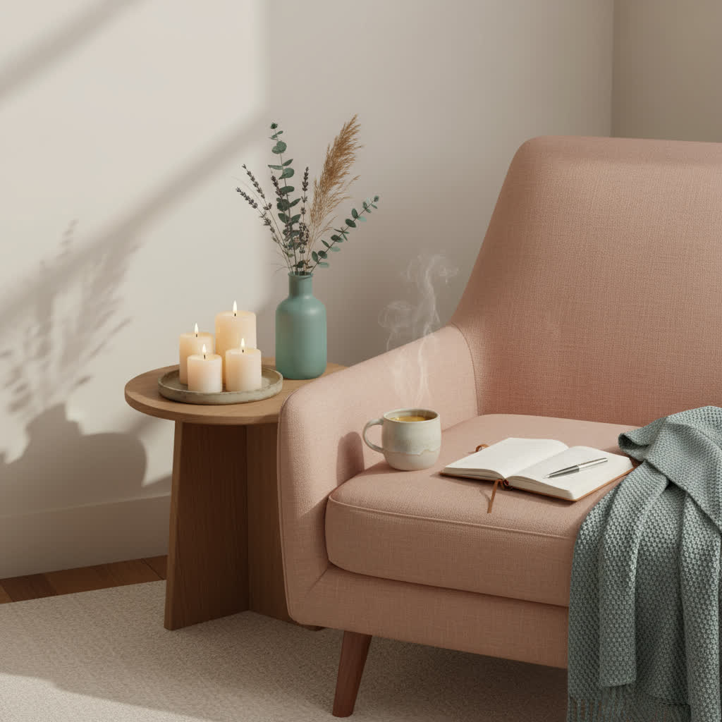 A cozy space with candles, tea, and an open journal symbolizing reflection, comfort, and emotional healing.