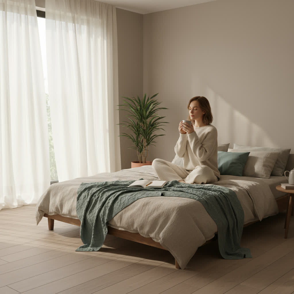 A peaceful morning scene with a woman sitting and sipping tea in a minimalist, soft-toned bedroom filled with warm light