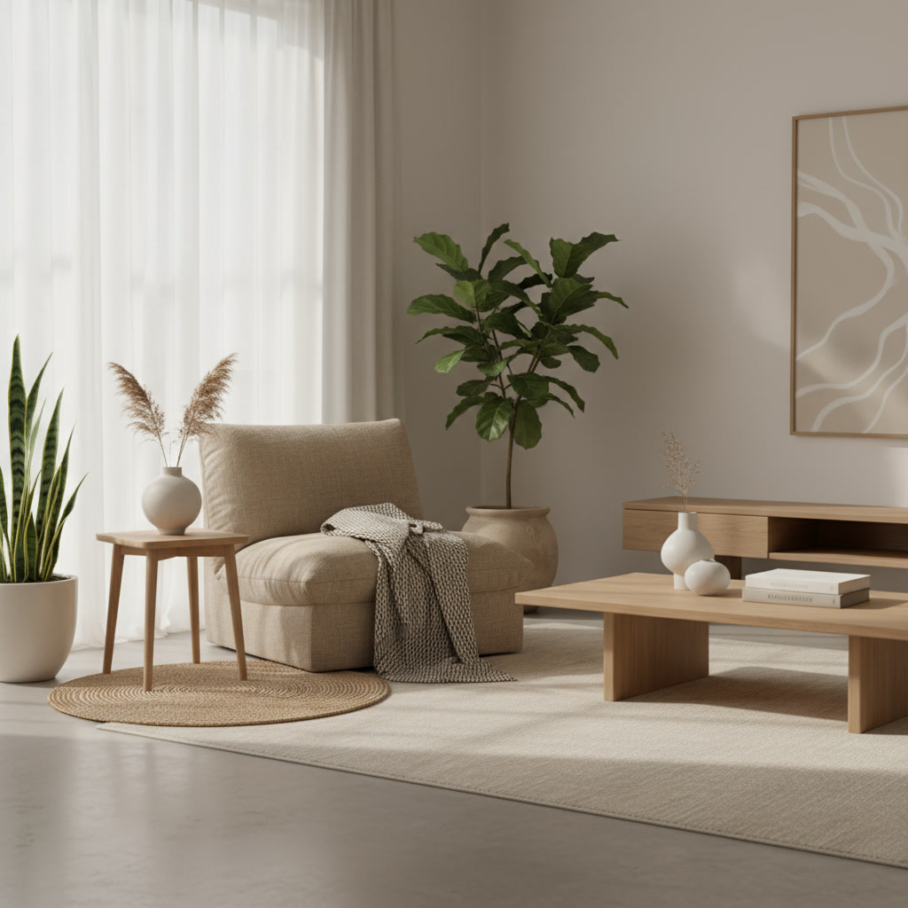 A serene minimalist living room styled in soft neutrals and warm wood tones with sunlight streaming through sheer curtains, symbolizing calm home design.
