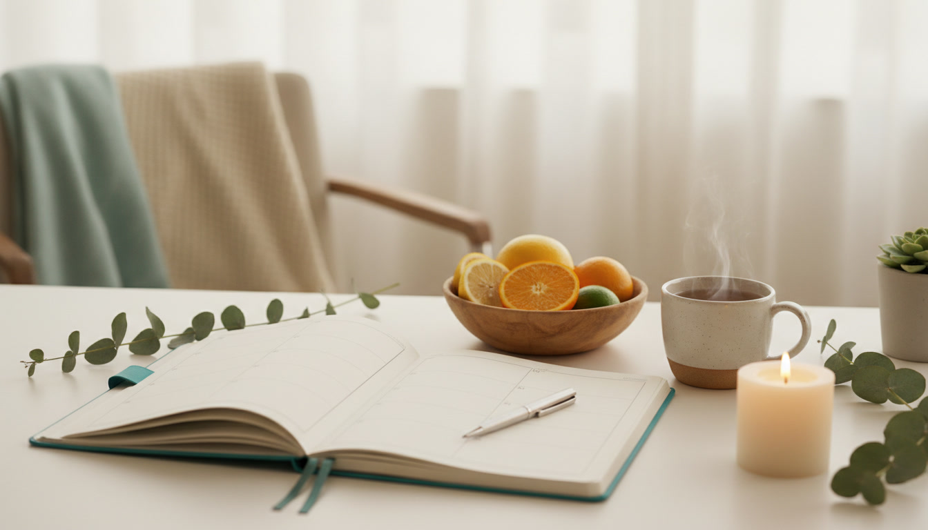 Woman setting a gentle yearly plan with a calm journal setup and soft morning light